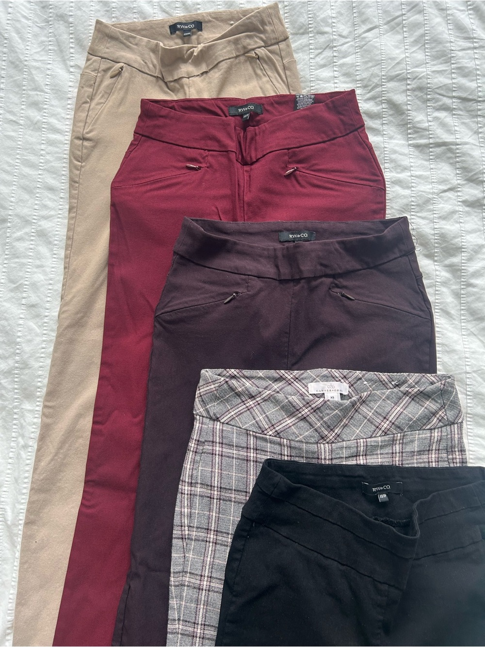 Five-Pair Women's Pant Bundle – Beige, Burgundy, Plum, Plaid & Black - RW&Co